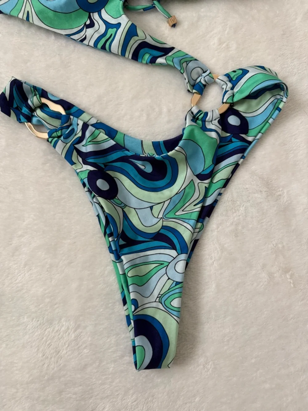 Kamari Swim Blue Green Retro Print Cutout Bikini Set Medium NWT - Picture 4 of 9